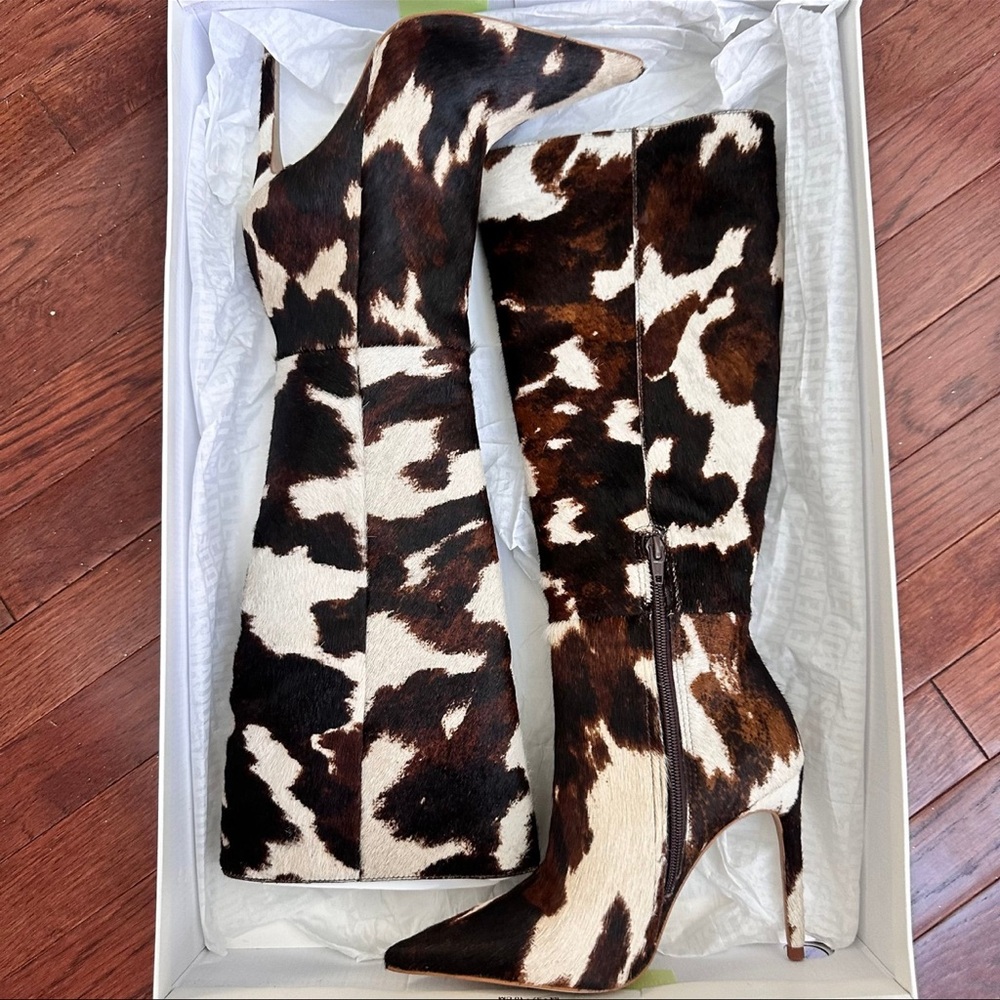 Steve Madden Nitro Brown Cow Print Real Fur Knee-High Heeled Boots Size 6